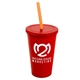 a red cup & translucent red lid & translucent orange straw 22 oz single - wall snap on tumbler with lid and straw