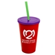 a red cup & translucent violet lid & translucent green straw 22 oz single - wall snap on tumbler with lid and straw