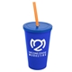 a royal blue cup & translucent blue lid & translucent orange straw 22 oz single - wall snap on tumbler with lid and straw