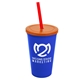 a royal blue cup & translucent orange lid & translucent red straw 22 oz single - wall snap on tumbler with lid and straw