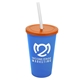 a translucent blue cup & translucent orange lid & frost straw 22 oz single - wall snap on tumbler with lid and straw