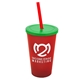 a translucent red cup & translucent green lid & translucent red straw 22 oz single - wall snap on tumbler with lid and straw