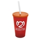 a translucent red cup & translucent orange lid & frost straw 22 oz single - wall snap on tumbler with lid and straw