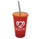 a translucent red cup & translucent orange lid & smoke straw 22 oz single - wall snap on tumbler with lid and straw