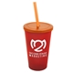 a translucent red cup & translucent orange lid & translucent orange straw 22 oz single - wall snap on tumbler with lid and straw