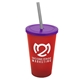 a translucent red cup & translucent violet lid & smoke straw 22 oz single - wall snap on tumbler with lid and straw