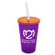 a translucent violet cup & translucent orange lid & frost straw 22 oz single - wall snap on tumbler with lid and straw