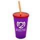 a translucent violet cup & translucent red lid & translucent orange straw 22 oz single - wall snap on tumbler with lid and straw