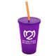 a translucent violet cup & translucent violet lid & translucent orange straw 22 oz single - wall snap on tumbler with lid and straw