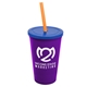 a violet cup & translucent blue lid & translucent orange straw 22 oz single - wall snap on tumbler with lid and straw