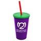 a violet cup & translucent green lid & translucent red straw 22 oz single - wall snap on tumbler with lid and straw
