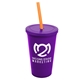 a violet cup & translucent violet lid & translucent orange straw 22 oz single - wall snap on tumbler with lid and straw