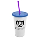 a white cup & translucent blue lid & translucent violet straw 22 oz single - wall snap on tumbler with lid and straw