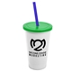 a white cup & translucent green lid & translucent blue straw 22 oz single - wall snap on tumbler with lid and straw