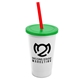 a white cup & translucent green lid & translucent red straw 22 oz single - wall snap on tumbler with lid and straw