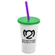 a white cup & translucent green lid & translucent violet straw 22 oz single - wall snap on tumbler with lid and straw
