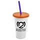 a white cup & translucent orange lid & translucent blue straw 22 oz single - wall snap on tumbler with lid and straw