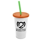 a white cup & translucent orange lid & translucent green straw 22 oz single - wall snap on tumbler with lid and straw