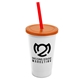 a white cup & translucent orange lid & translucent red straw 22 oz single - wall snap on tumbler with lid and straw