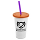 a white cup & translucent orange lid & translucent violet straw 22 oz single - wall snap on tumbler with lid and straw