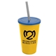 a yellow cup & translucent blue lid & smoke straw 22 oz single - wall snap on tumbler with lid and straw