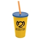 a yellow cup & translucent blue lid & translucent orange straw 22 oz single - wall snap on tumbler with lid and straw