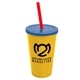 a yellow cup & translucent blue lid & translucent red straw 22 oz single - wall snap on tumbler with lid and straw
