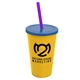 a yellow cup & translucent blue lid & translucent violet straw 22 oz single - wall snap on tumbler with lid and straw