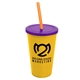 a yellow cup & translucent violet lid & translucent orange straw 22 oz single - wall snap on tumbler with lid and straw