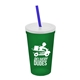 aerial view a group of 22 oz single - wall snap on tumbler with lid and straw, image 7 of 9
