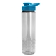 aerial view a clear bottle & cyan lid 24 oz slim fit halcyon water bottles with drink - thru lid, image 1 of 3