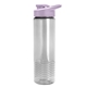 aerial view a clear bottle & lilac lid 24 oz slim fit halcyon water bottles with drink - thru lid, image 1 of 3