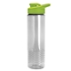 aerial view a clear bottle & lime green lid 24 oz slim fit halcyon water bottles with drink - thru lid, image 1 of 3