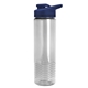 aerial view a clear bottle & navy blue lid 24 oz slim fit halcyon water bottles with drink - thru lid, image 1 of 3