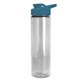 aerial view a clear bottle & steel blue lid 24 oz slim fit halcyon water bottles with drink - thru lid, image 1 of 3