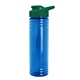 aerial view a translucent blue bottle & dark green lid 24 oz slim fit halcyon water bottles with drink - thru lid, image 1 of 3