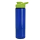 aerial view a translucent blue bottle & lime green lid 24 oz slim fit halcyon water bottles with drink - thru lid, image 1 of 3