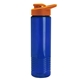 aerial view a translucent blue bottle & orange lid 24 oz slim fit halcyon water bottles with drink - thru lid, image 1 of 3