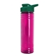 aerial view a translucent fuschia bottle & dark green lid 24 oz slim fit halcyon water bottles with drink - thru lid, image 1 of 3