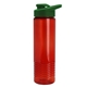 aerial view a translucent red bottle & green lid 24 oz slim fit halcyon water bottles with drink - thru lid, image 1 of 3