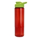 aerial view a translucent red bottle & lime green lid 24 oz slim fit halcyon water bottles with drink - thru lid, image 1 of 3