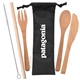 a group of bamboo utensils with rpet pouch
