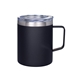 aerial view a black 12 oz vacuum insulated stainless steel coffee mug, image 1 of 2