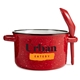 aerial view a red campfire 20 oz ceramic soup bowl with spoon, image 1 of 6