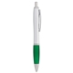 aerial view a silver barrel with green grip the nash comfort grip ballpoint click pen, image 1 of 3