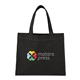 aerial view a black mini non - woven heat sealed tote, image 1 of 7