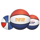a group of 7 mid - size red / white / blue rubber basketball