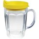 a yellow 14 oz thermal dual walled travel mug - embroidered emblem