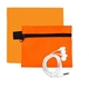 aerial view a orange ziptune plus mobile tech earbud kit with microfiber cleaning cloth in zipper pack components inserted into polyester zipper kit, image 1 of 2