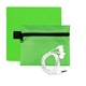 aerial view a lime green ziptune plus mobile tech earbud kit with microfiber cleaning cloth in zipper pack components inserted into polyester zipper kit, image 1 of 2